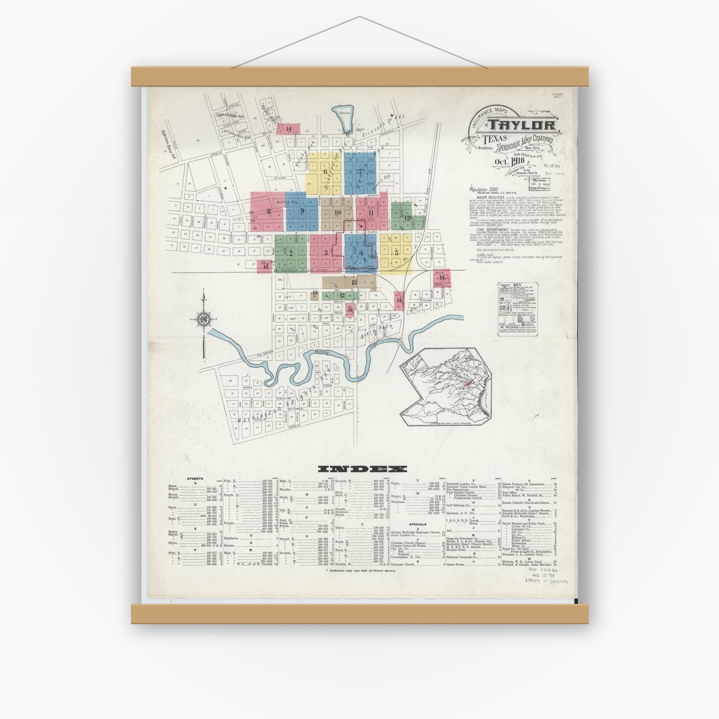 Old map wall art mockup — magnetic wood frame on white wall — Sanborn Fire Insurance Map from Taylor, Williamson County, Texas (1916), Sheet #0001