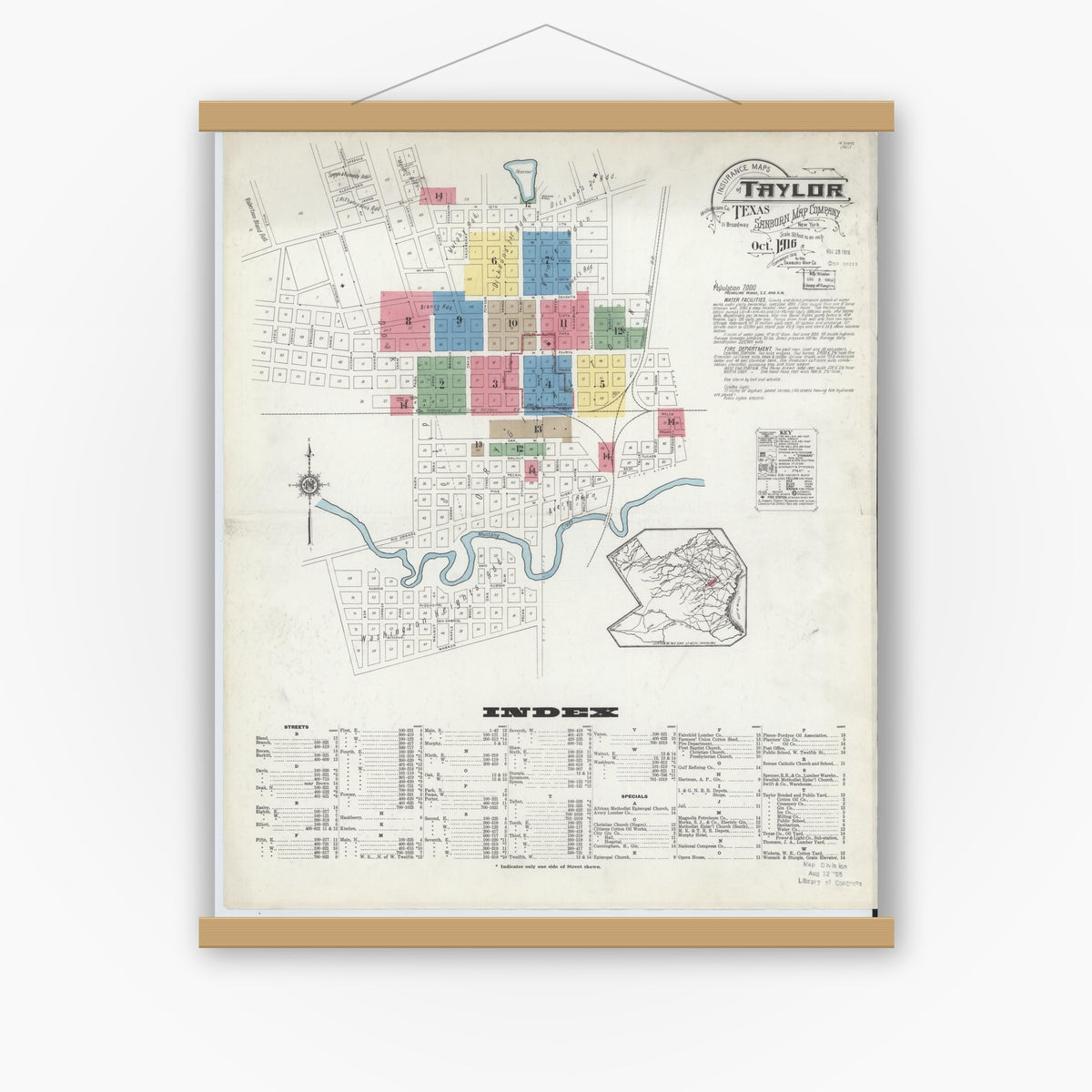 Old map wall art mockup — magnetic wood frame on white wall — Sanborn Fire Insurance Map from Taylor, Williamson County, Texas (1916), Sheet #0001