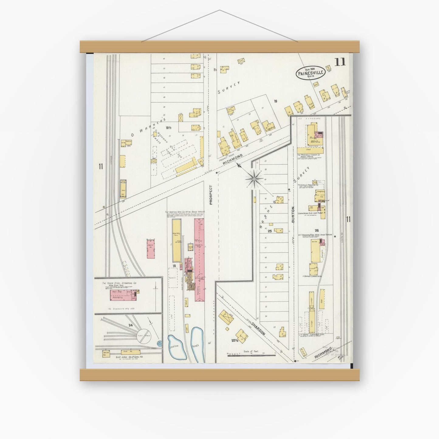 Old map wall art mockup — magnetic wood frame on white wall — Sanborn Fire Insurance Map from Painesville, Lake County, Ohio (1904), Sheet #0011