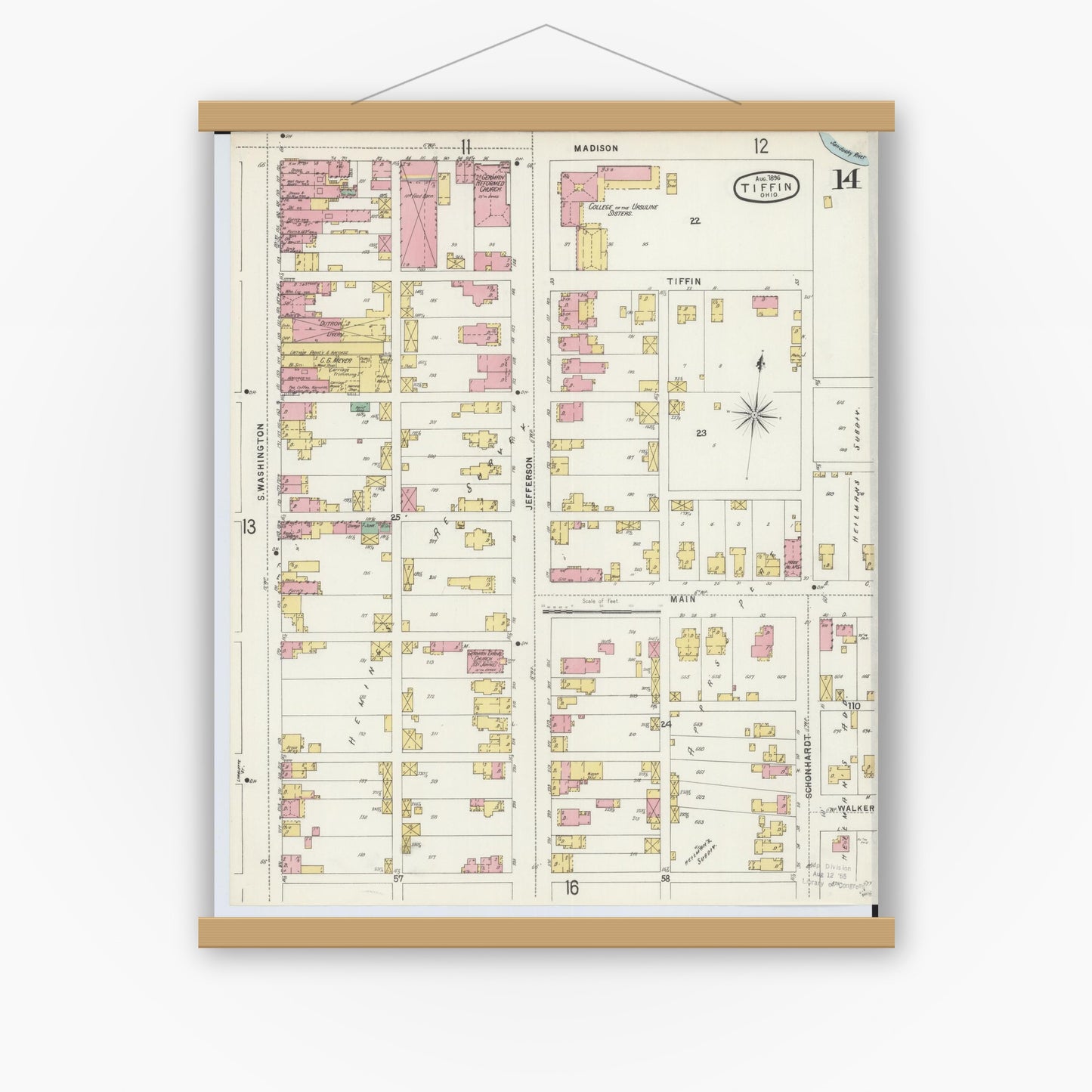 Old map wall art mockup — magnetic wood frame on white wall — Sanborn Fire Insurance Map from Tiffin, Seneca County, Ohio (1896), Sheet #0014