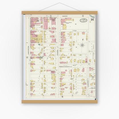 Old map wall art mockup — magnetic wood frame on white wall — Sanborn Fire Insurance Map from Tiffin, Seneca County, Ohio (1896), Sheet #0014
