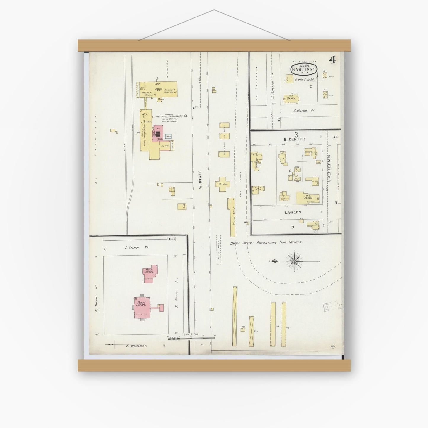 Old map wall art mockup — magnetic wood frame on white wall — Sanborn Fire Insurance Map from Hastings, Barry County, Michigan (1896), Sheet #0004