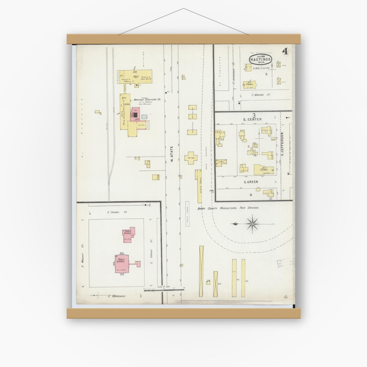 Old map wall art mockup — magnetic wood frame on white wall — Sanborn Fire Insurance Map from Hastings, Barry County, Michigan (1896), Sheet #0004