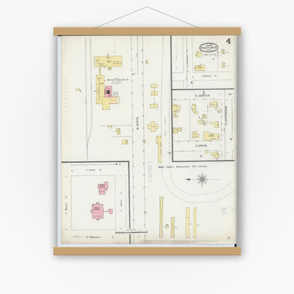 Old map wall art mockup — magnetic wood frame on white wall — Sanborn Fire Insurance Map from Hastings, Barry County, Michigan (1896), Sheet #0004