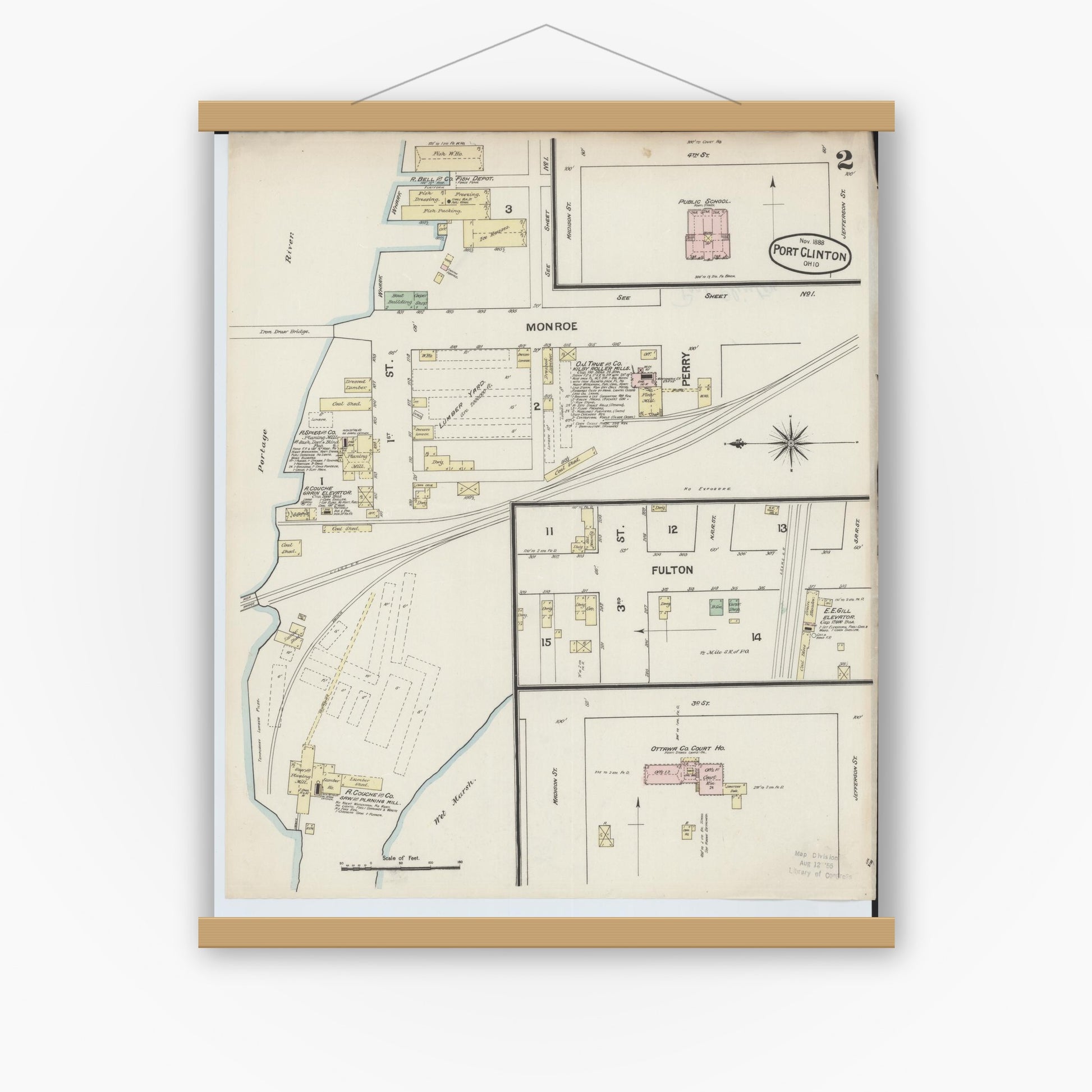 Old map wall art mockup — magnetic wood frame on white wall — Sanborn Fire Insurance Map from Port Clinton, Ottawa County, Ohio (1888), Sheet #0002