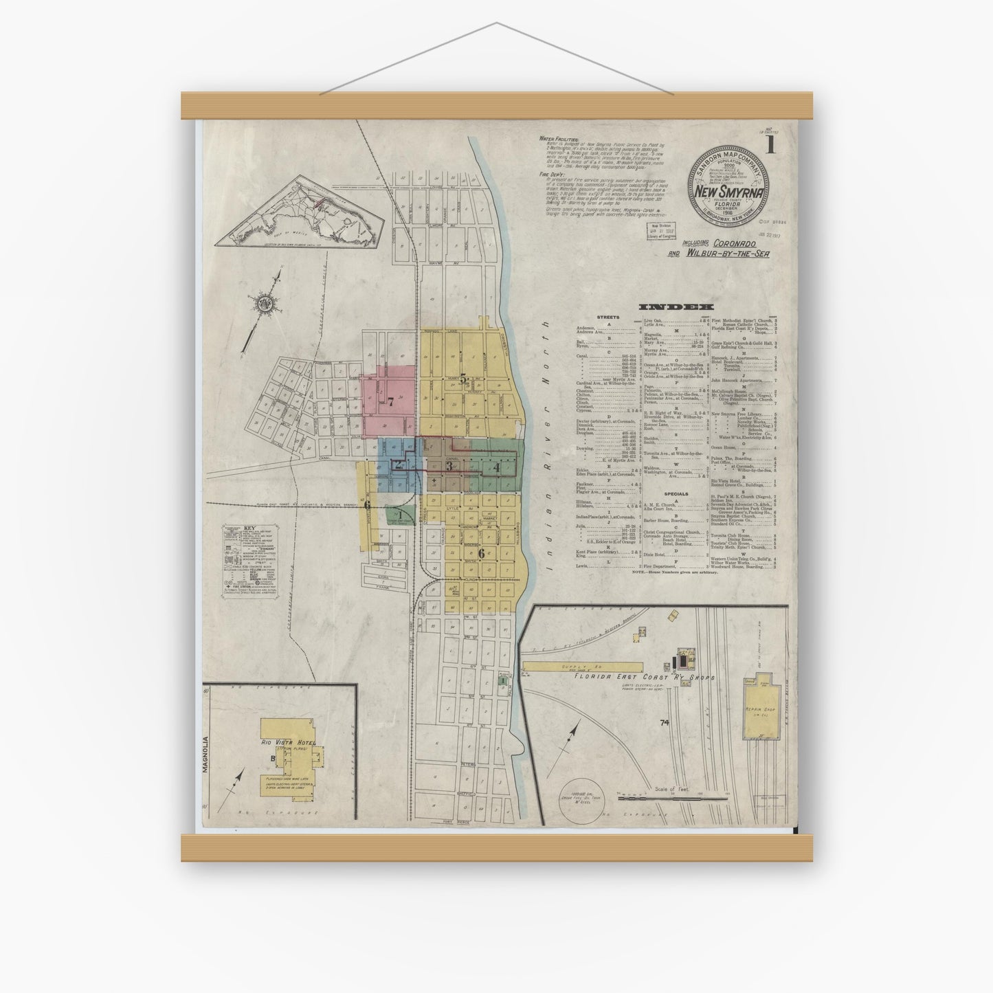 Old map wall art mockup — magnetic wood frame on white wall — Sanborn Fire Insurance Map from New Smyrna, Valusia County, Florida (1916) - Complete Map Set