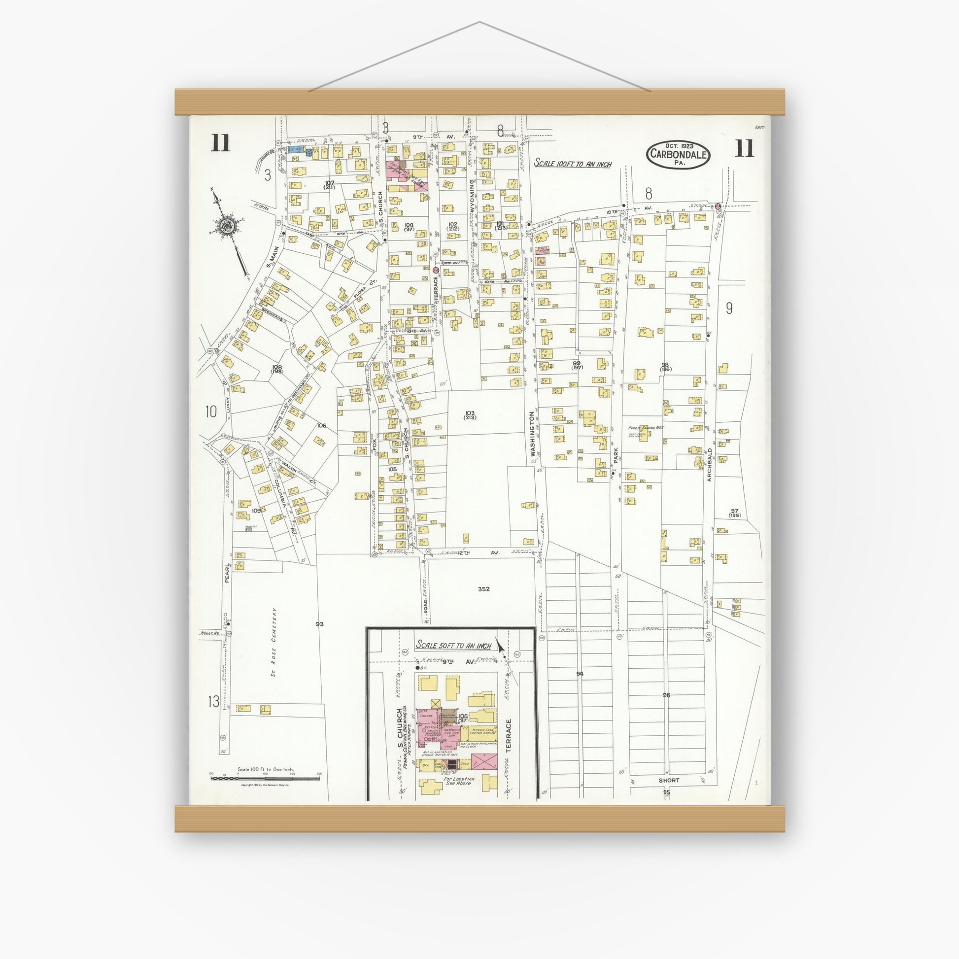 Old map wall art mockup — magnetic wood frame on white wall — Sanborn Fire Insurance Map from Carbondale, Lackawanna County, Pennsylvania (1923), Sheet #0011