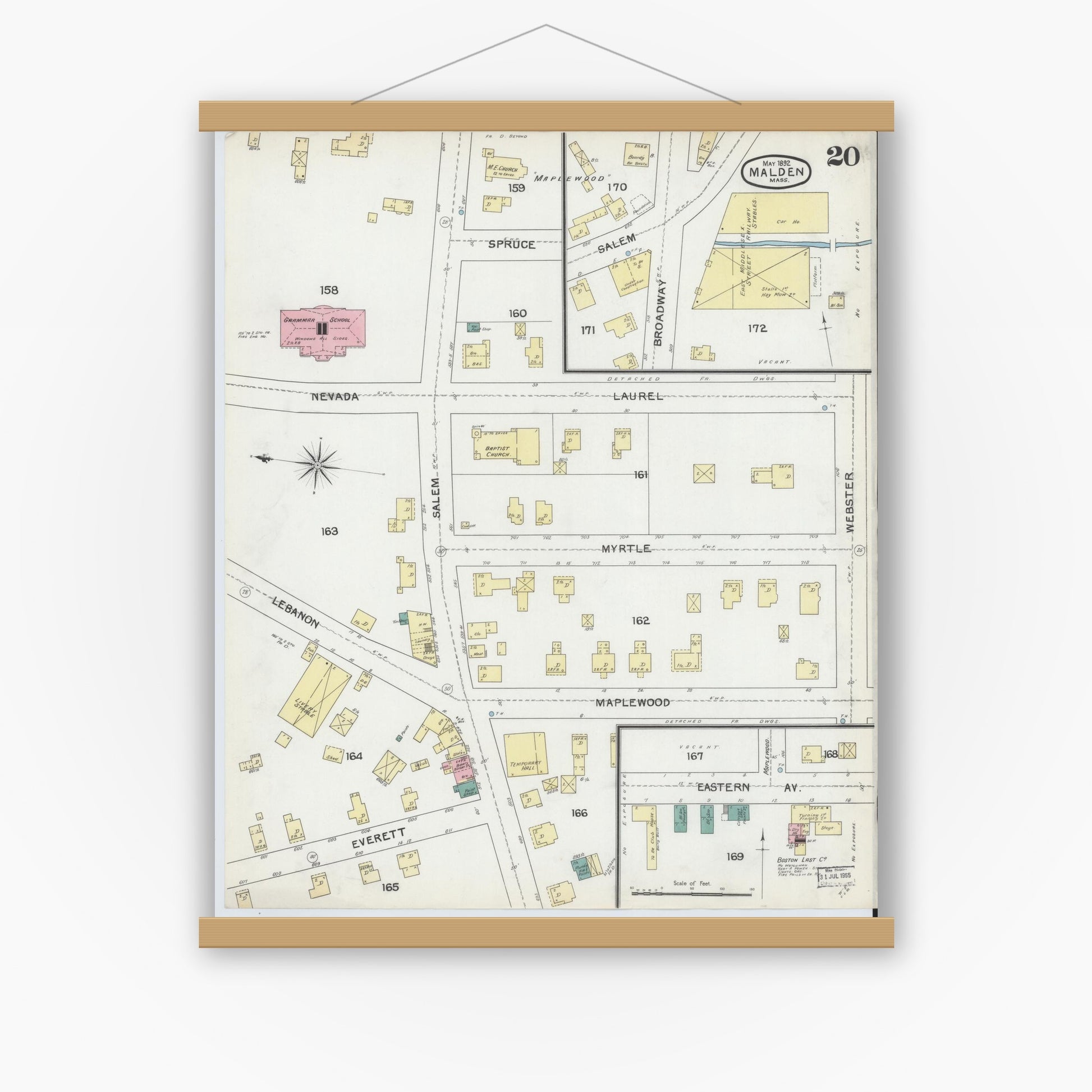 Old map wall art mockup — magnetic wood frame on white wall — Sanborn Fire Insurance Map from Malden, Middlesex County, Massachusetts (1892), Sheet #0020