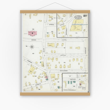 Old map wall art mockup — magnetic wood frame on white wall — Sanborn Fire Insurance Map from Malden, Middlesex County, Massachusetts (1892), Sheet #0020