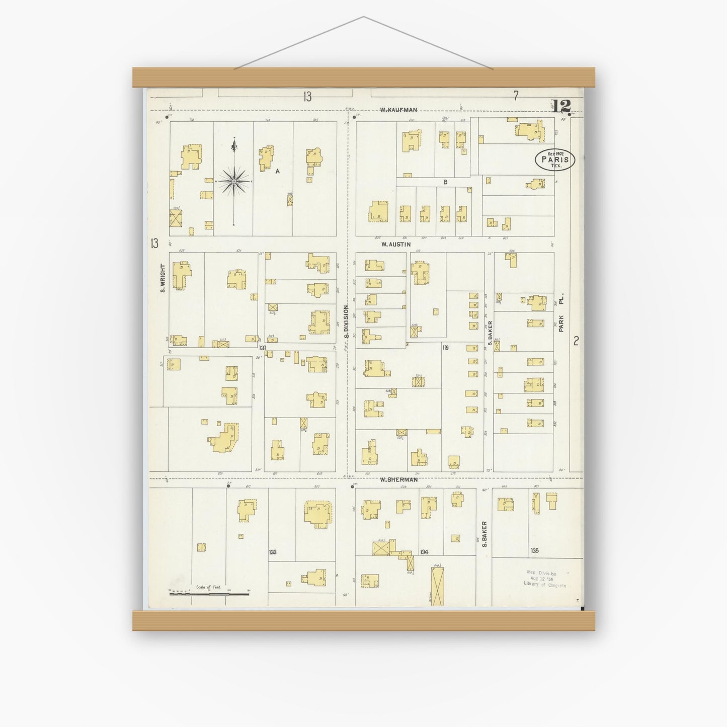 Old map wall art mockup — magnetic wood frame on white wall — Sanborn Fire Insurance Map from Paris, Lamar County, Texas (1902), Sheet #0012