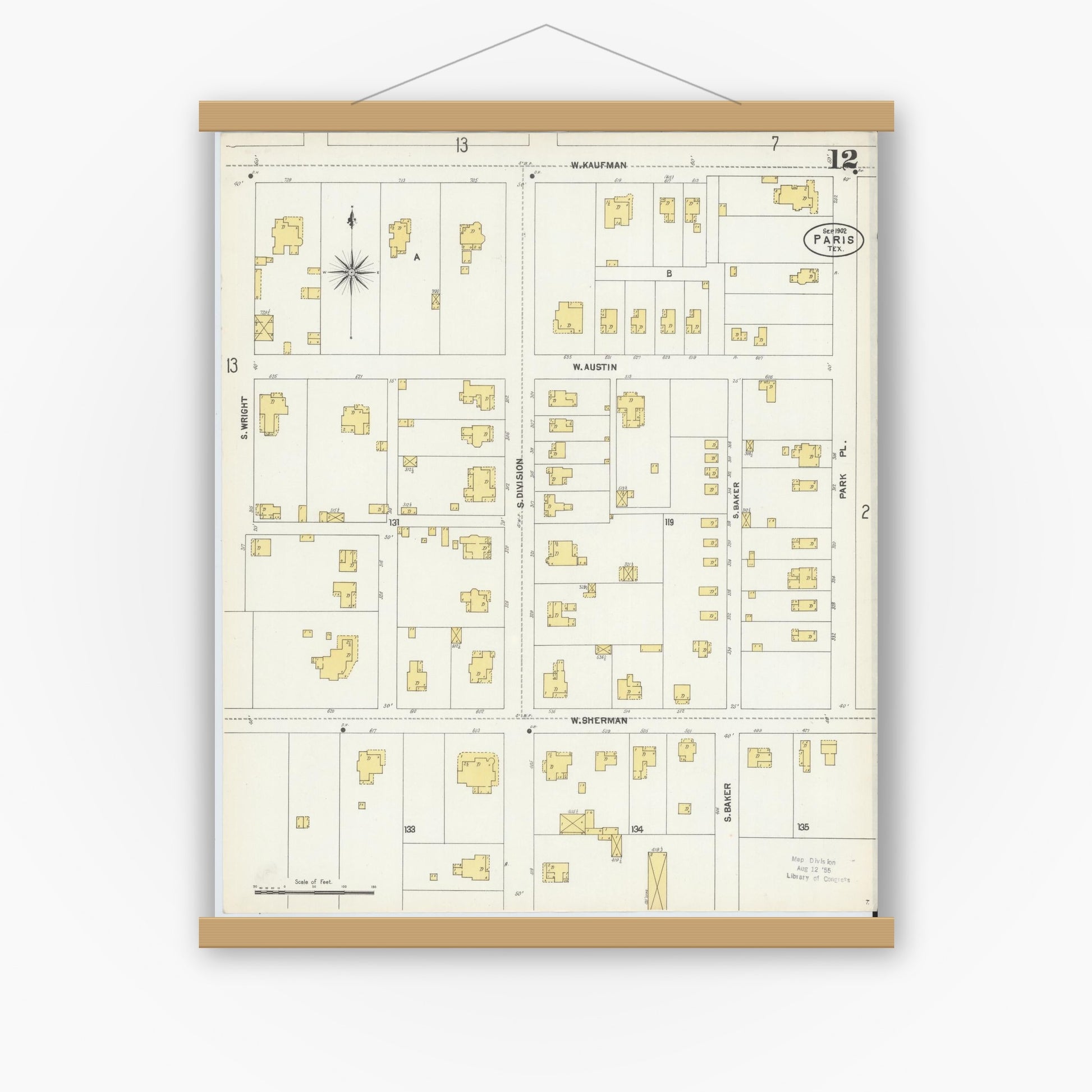 Old map wall art mockup — magnetic wood frame on white wall — Sanborn Fire Insurance Map from Paris, Lamar County, Texas (1902), Sheet #0012