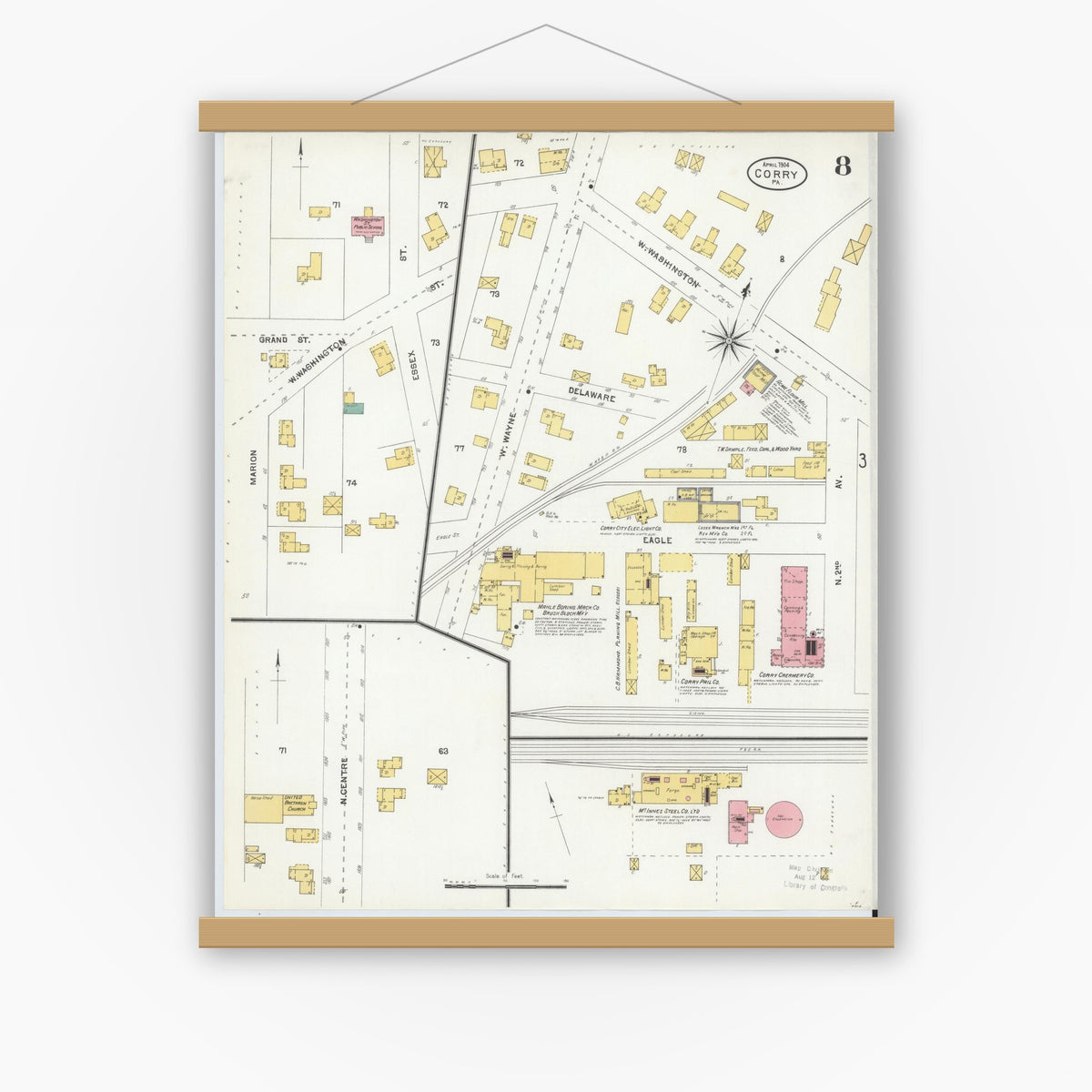 Old map wall art mockup — magnetic wood frame on white wall — Sanborn Fire Insurance Map from Corry, Erie County, Pennsylvania (1904), Sheet #0008
