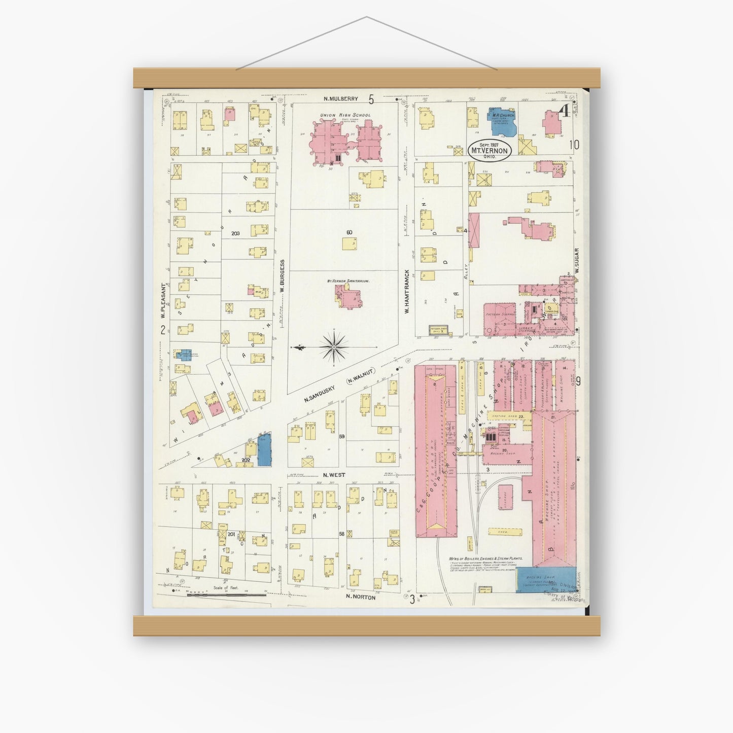 Old map wall art mockup — magnetic wood frame on white wall — Sanborn Fire Insurance Map from Mount Vernon, Knox County, Ohio (1907), Sheet #0004