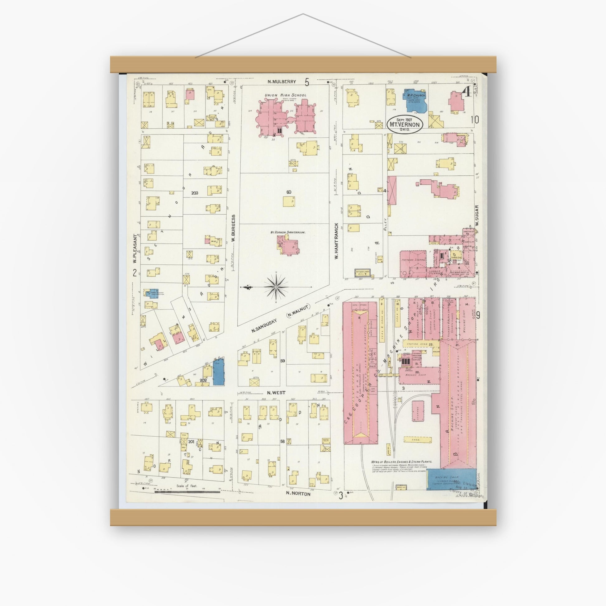 Old map wall art mockup — magnetic wood frame on white wall — Sanborn Fire Insurance Map from Mount Vernon, Knox County, Ohio (1907), Sheet #0004