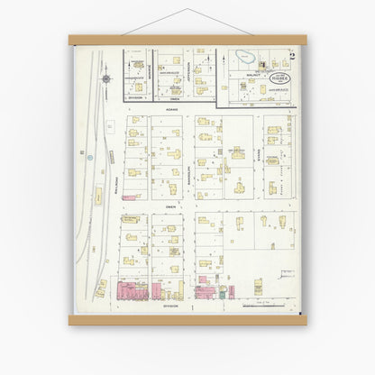Old map wall art mockup — magnetic wood frame on white wall — Sanborn Fire Insurance Map from Higbee, Randolph County, Missouri (1910), Sheet #0002