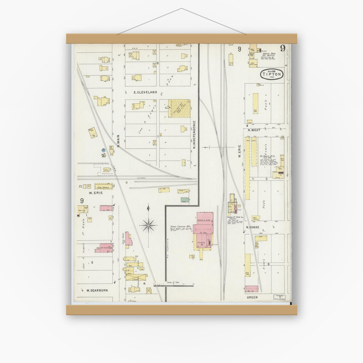 Old map wall art mockup — magnetic wood frame on white wall — Sanborn Fire Insurance Map from Tipton, Tipton County, Indiana (1896), Sheet #0009