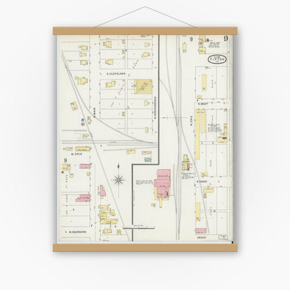 Old map wall art mockup — magnetic wood frame on white wall — Sanborn Fire Insurance Map from Tipton, Tipton County, Indiana (1896), Sheet #0009