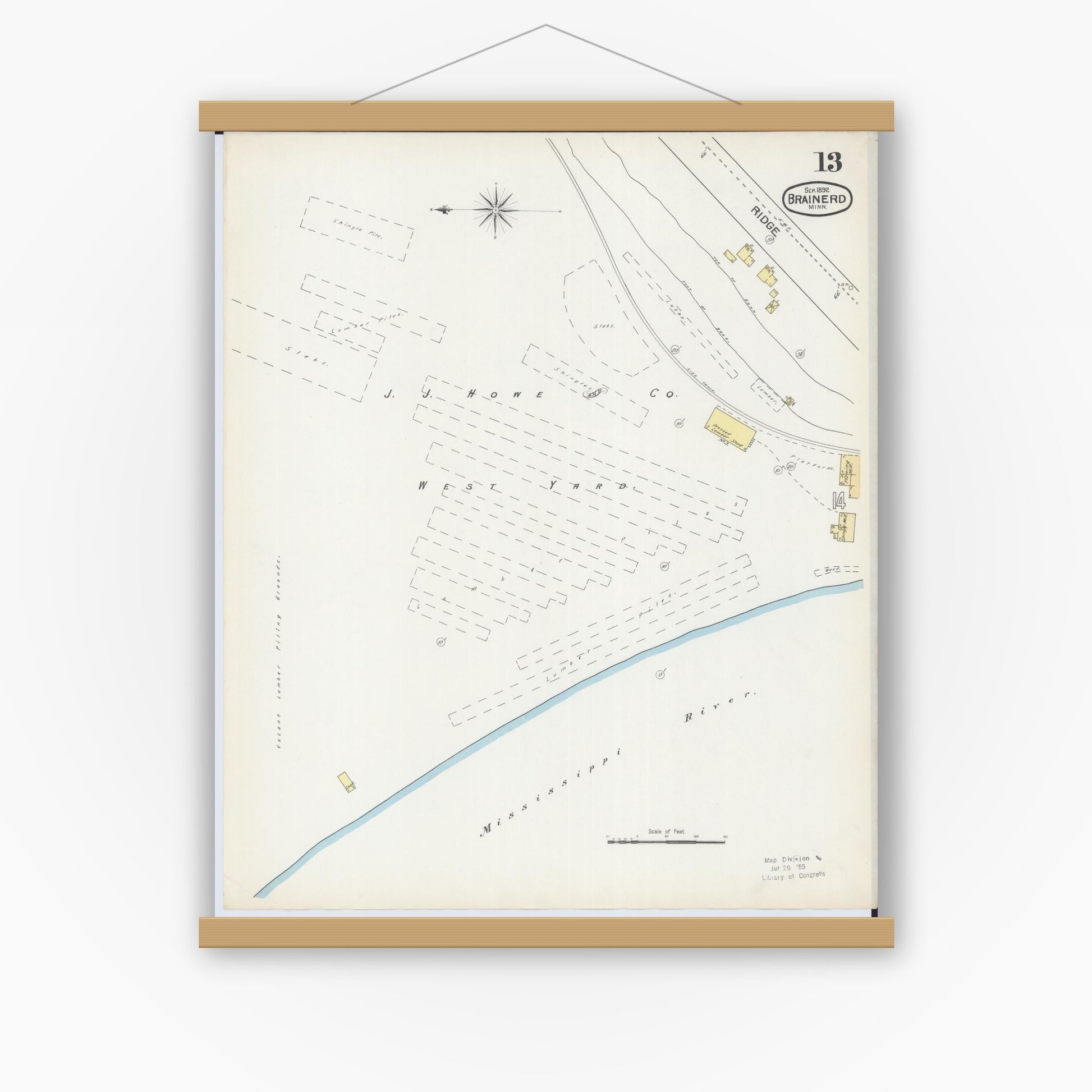 Old map wall art mockup — magnetic wood frame on white wall — Sanborn Fire Insurance Map from Brainerd, Crow Wing County, Minnesota (1892), Sheet #0013