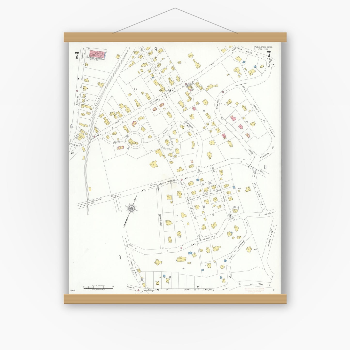 Old map wall art mockup — magnetic wood frame on white wall — Sanborn Fire Insurance Map from Lexington, Middlesex County, Massachusetts (1935), Sheet #0007
