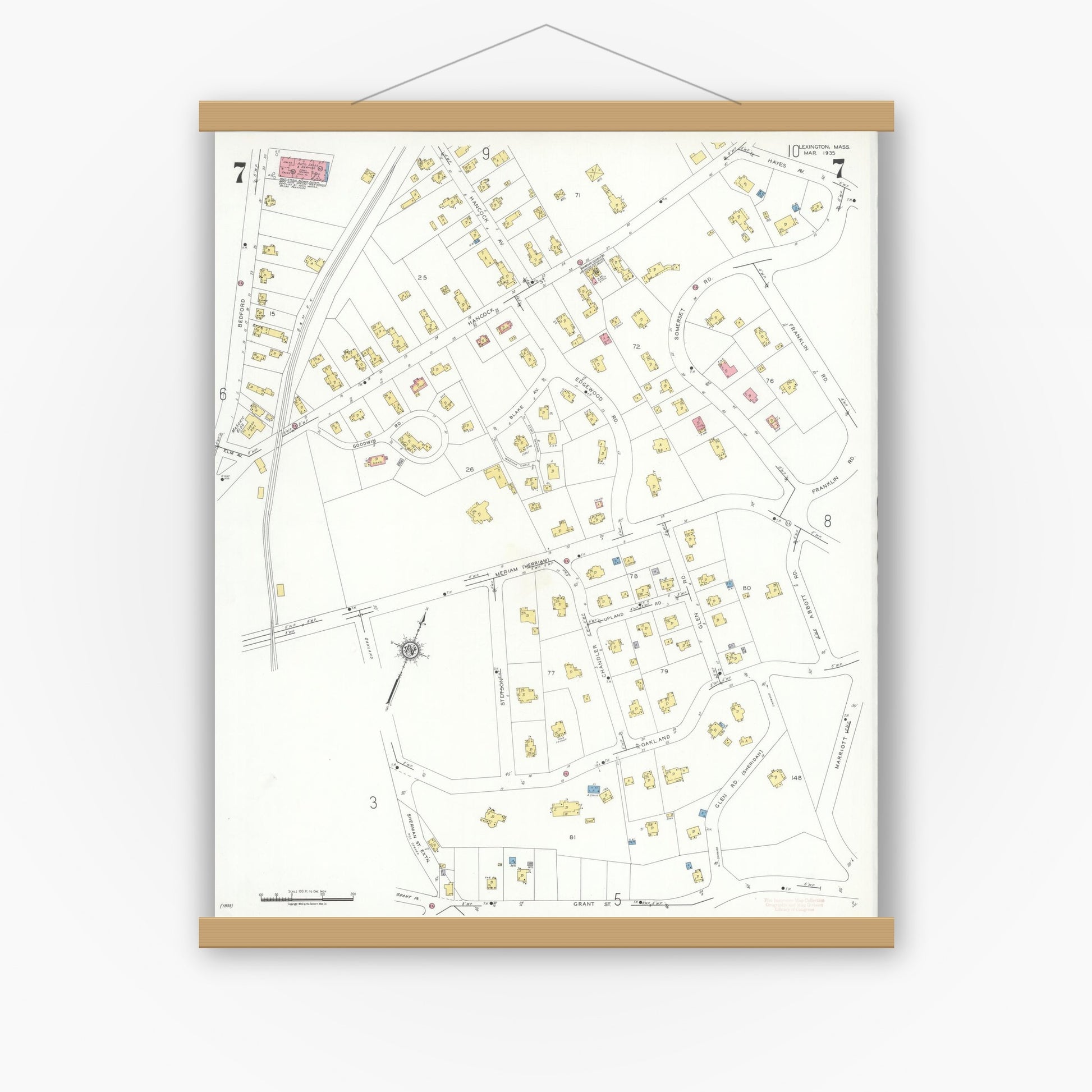 Old map wall art mockup — magnetic wood frame on white wall — Sanborn Fire Insurance Map from Lexington, Middlesex County, Massachusetts (1935), Sheet #0007