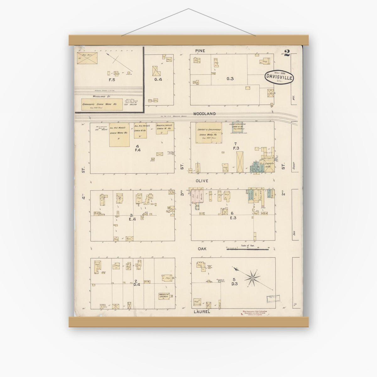 Old map wall art mockup — magnetic wood frame on white wall — Sanborn Fire Insurance Map from Davis, Yolo County, California (1888), Sheet #0002