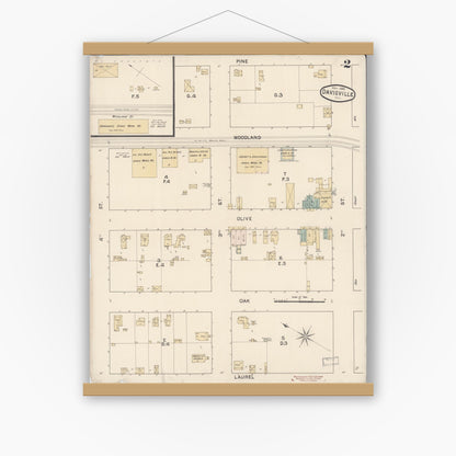 Old map wall art mockup — magnetic wood frame on white wall — Sanborn Fire Insurance Map from Davis, Yolo County, California (1888), Sheet #0002