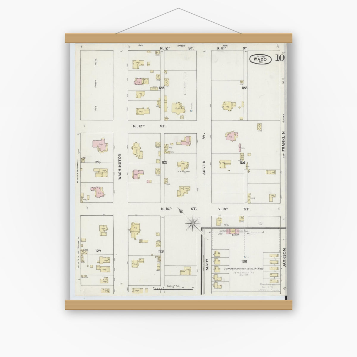Old map wall art mockup — magnetic wood frame on white wall — Sanborn Fire Insurance Map from Waco, McLennan County, Texas (1889), Sheet #0010