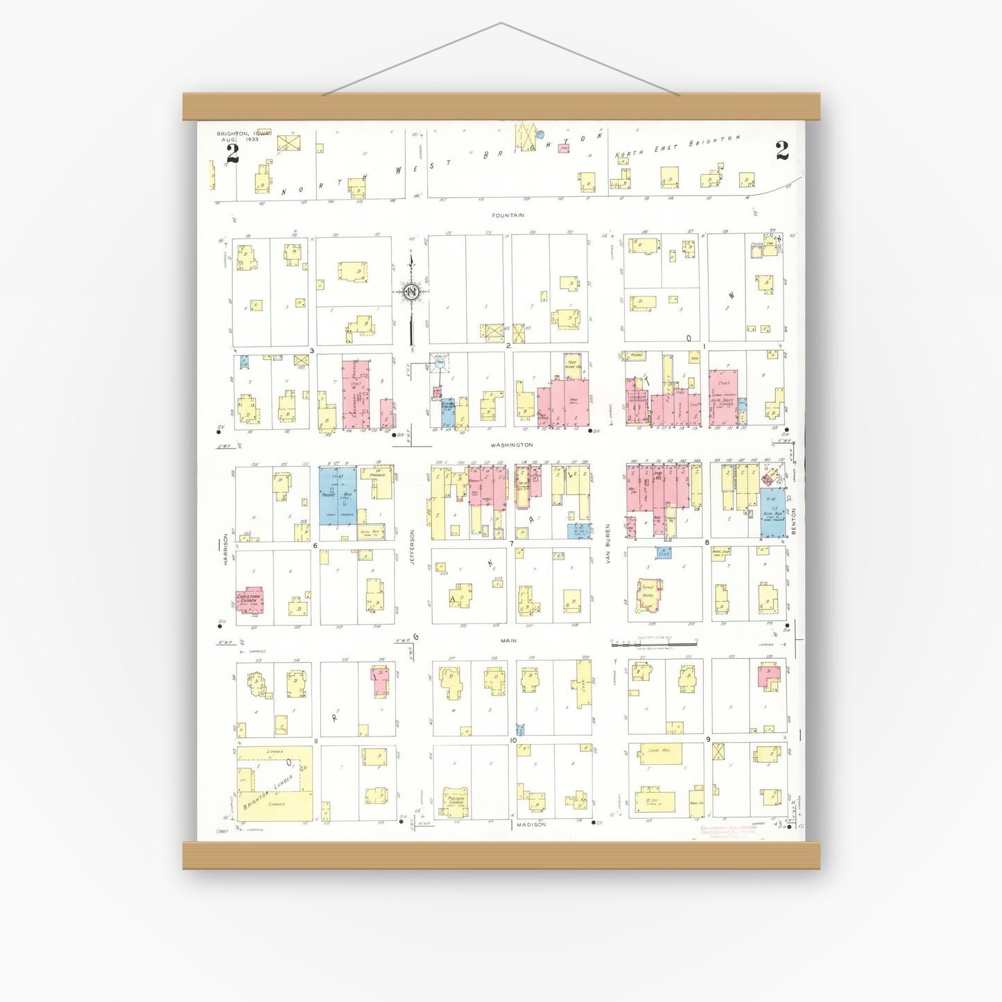 Old map wall art mockup — magnetic wood frame on white wall — Sanborn Fire Insurance Map from Brighton, Washington County, Iowa (1933), Sheet #0002