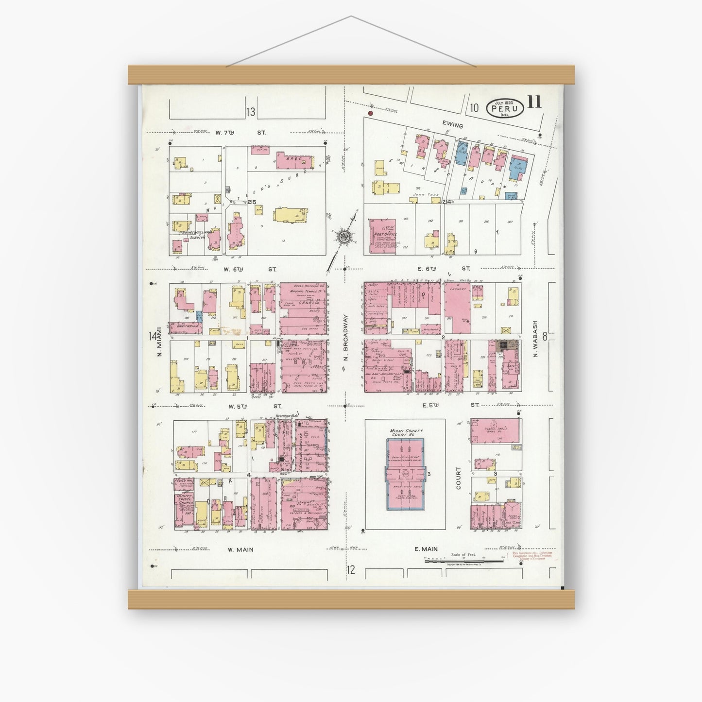Old map wall art mockup — magnetic wood frame on white wall — Sanborn Fire Insurance Map from Peru, Miami County, Indiana (1920), Sheet #0011