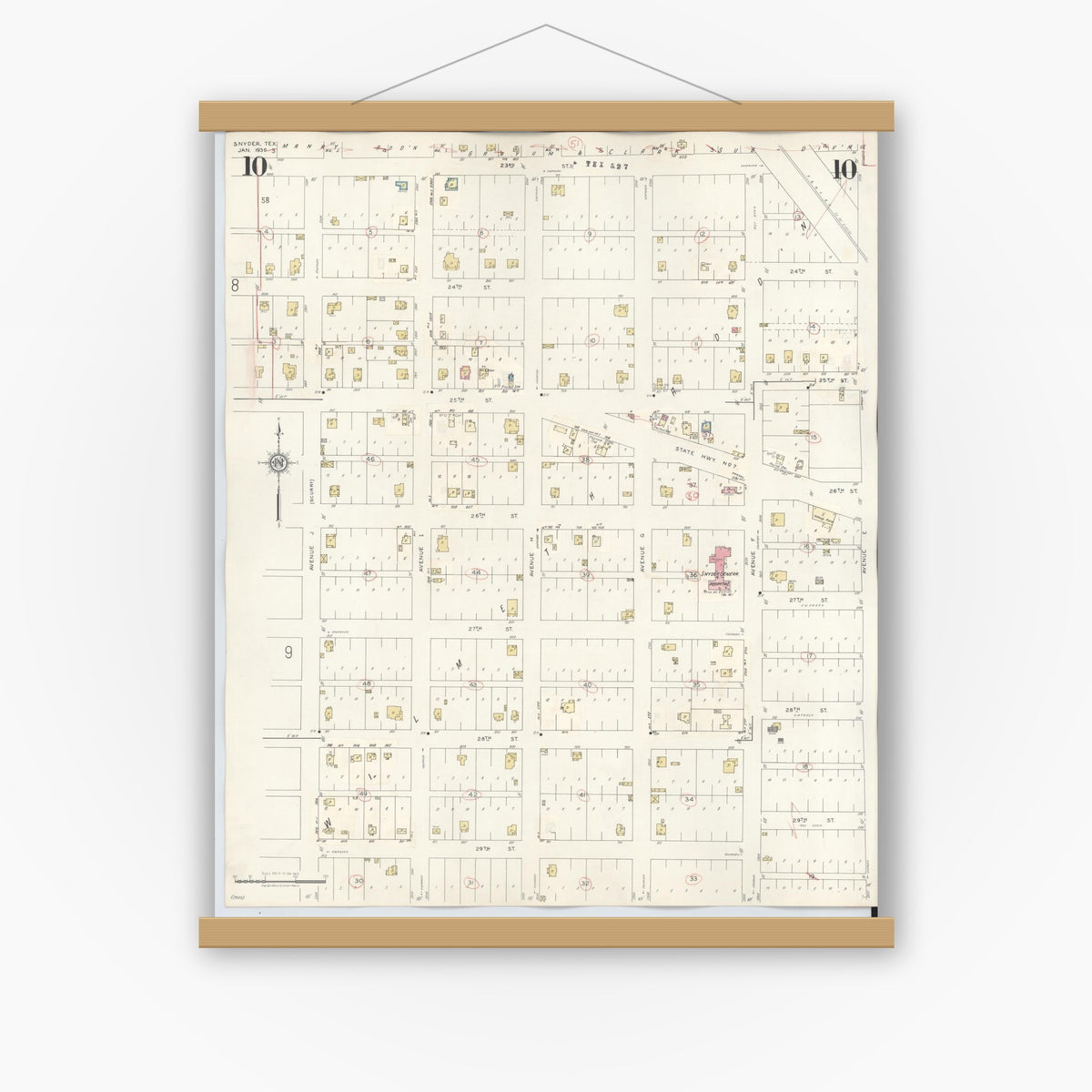 Old map wall art mockup — magnetic wood frame on white wall — Sanborn Fire Insurance Map from Snyder, Scurry County, Texas (1942), Sheet #0010