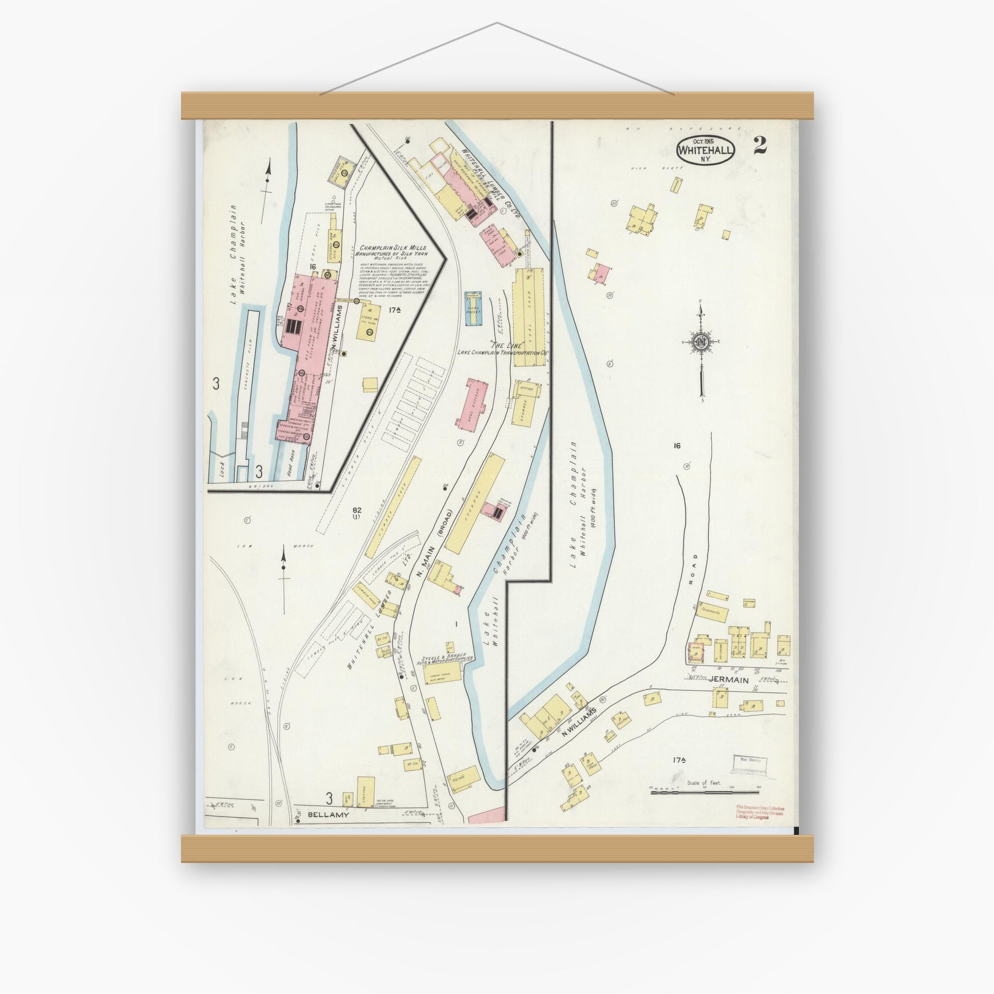Old map wall art mockup — magnetic wood frame on white wall — Sanborn Fire Insurance Map from Whitehall, Washington County, New York (1915), Sheet #0002
