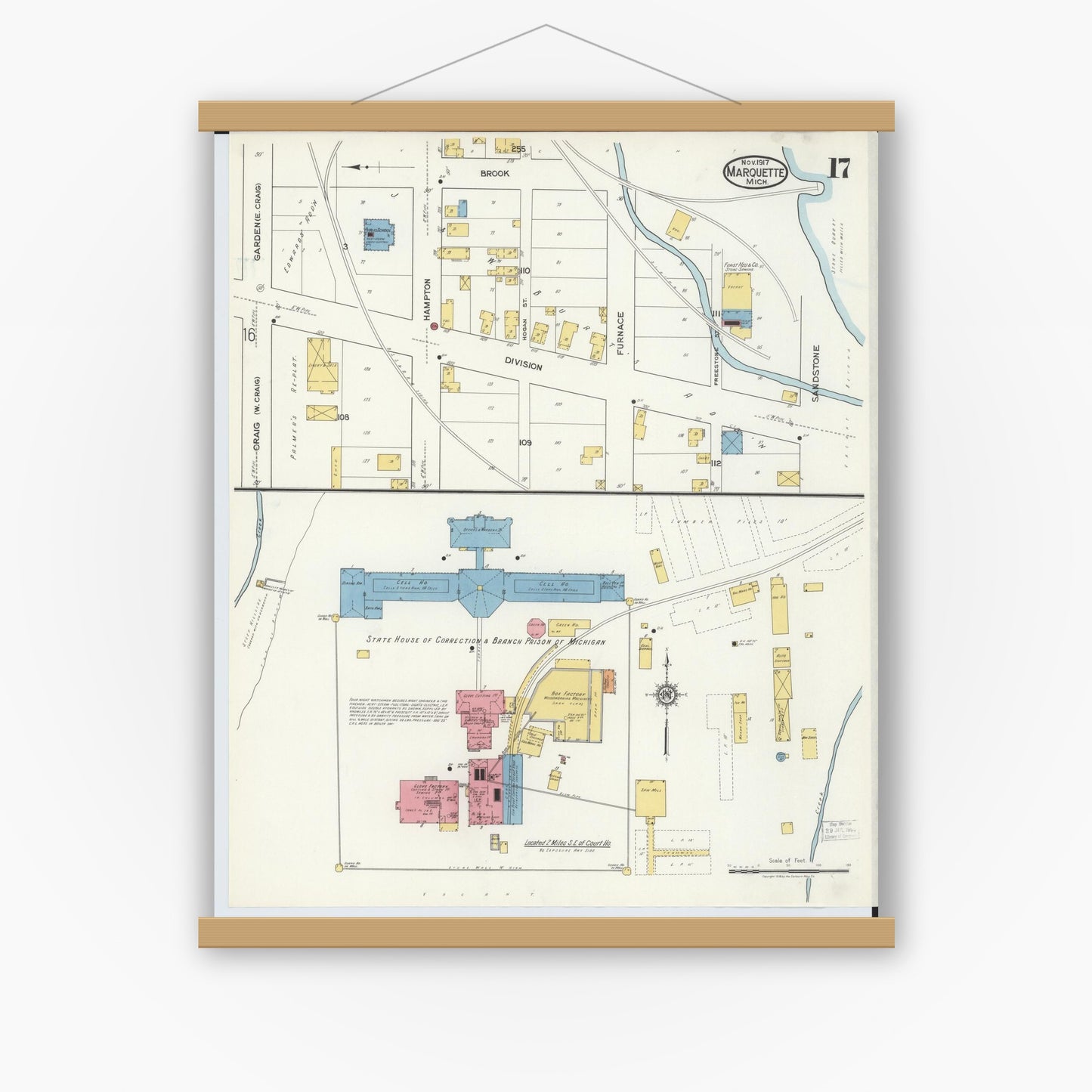 Old map wall art mockup — magnetic wood frame on white wall — Sanborn Fire Insurance Map from Marquette, Marquette County, Michigan (1917), Sheet #0017