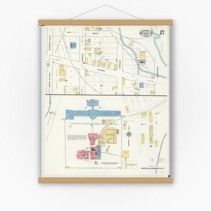 Old map wall art mockup — magnetic wood frame on white wall — Sanborn Fire Insurance Map from Marquette, Marquette County, Michigan (1917), Sheet #0017