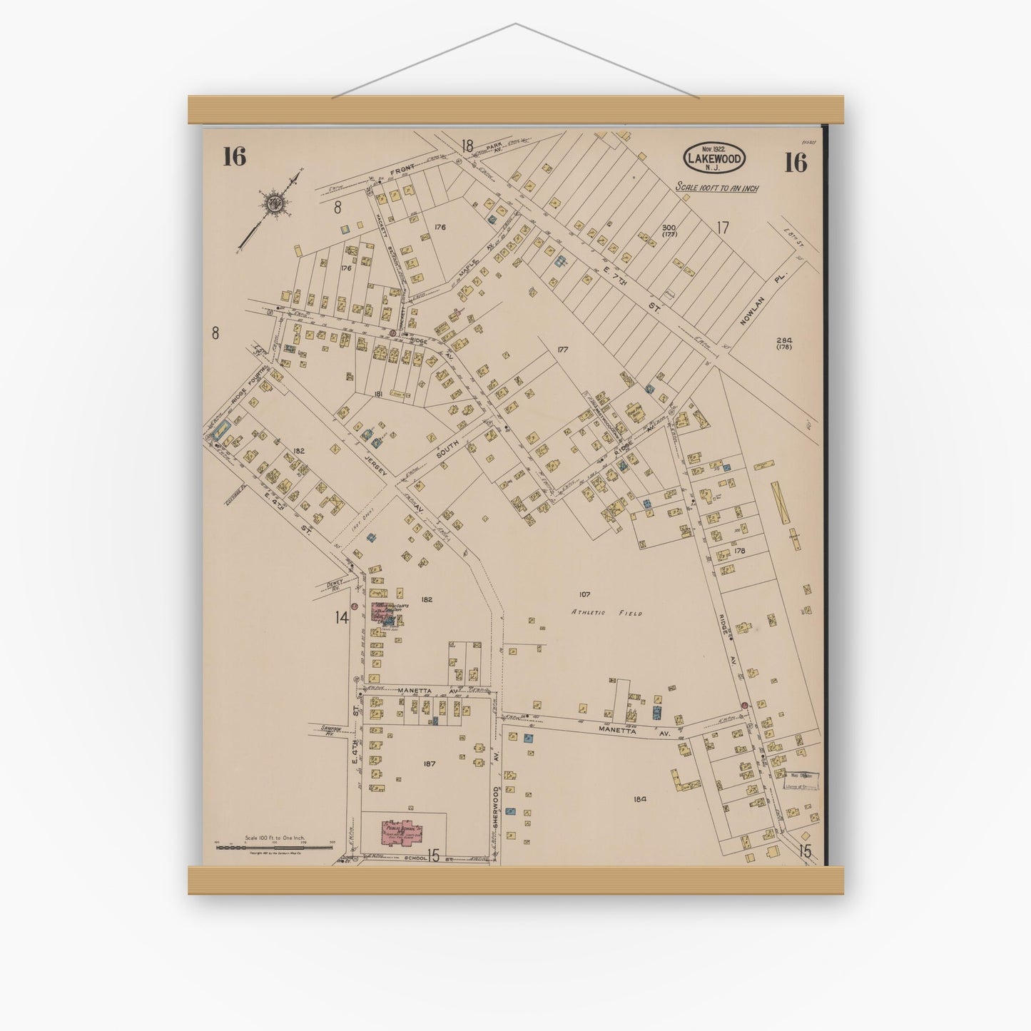 Old map wall art mockup — magnetic wood frame on white wall — Sanborn Fire Insurance Map from Lakewood, Ocean County, New Jersey (1922), Sheet #0016