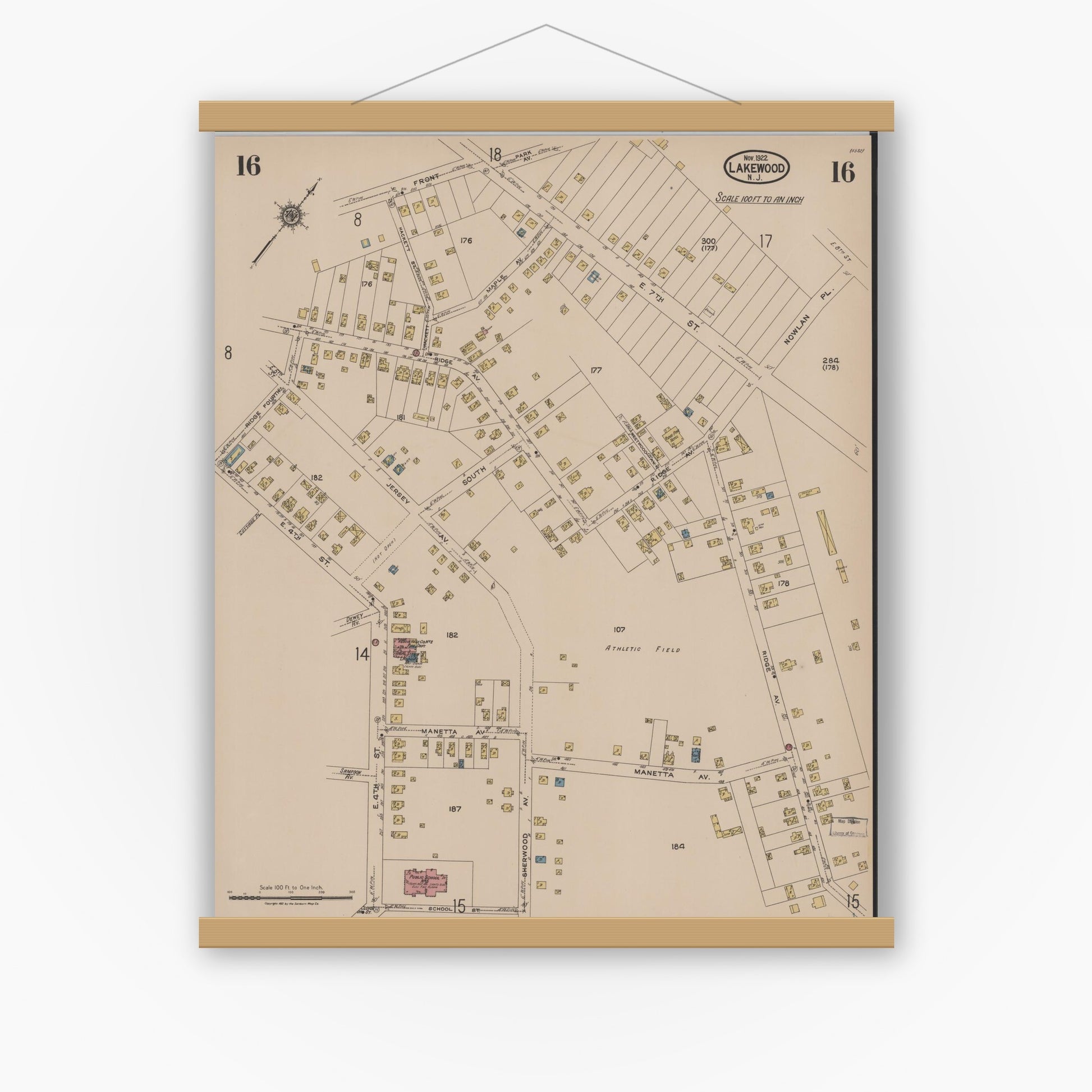 Old map wall art mockup — magnetic wood frame on white wall — Sanborn Fire Insurance Map from Lakewood, Ocean County, New Jersey (1922), Sheet #0016