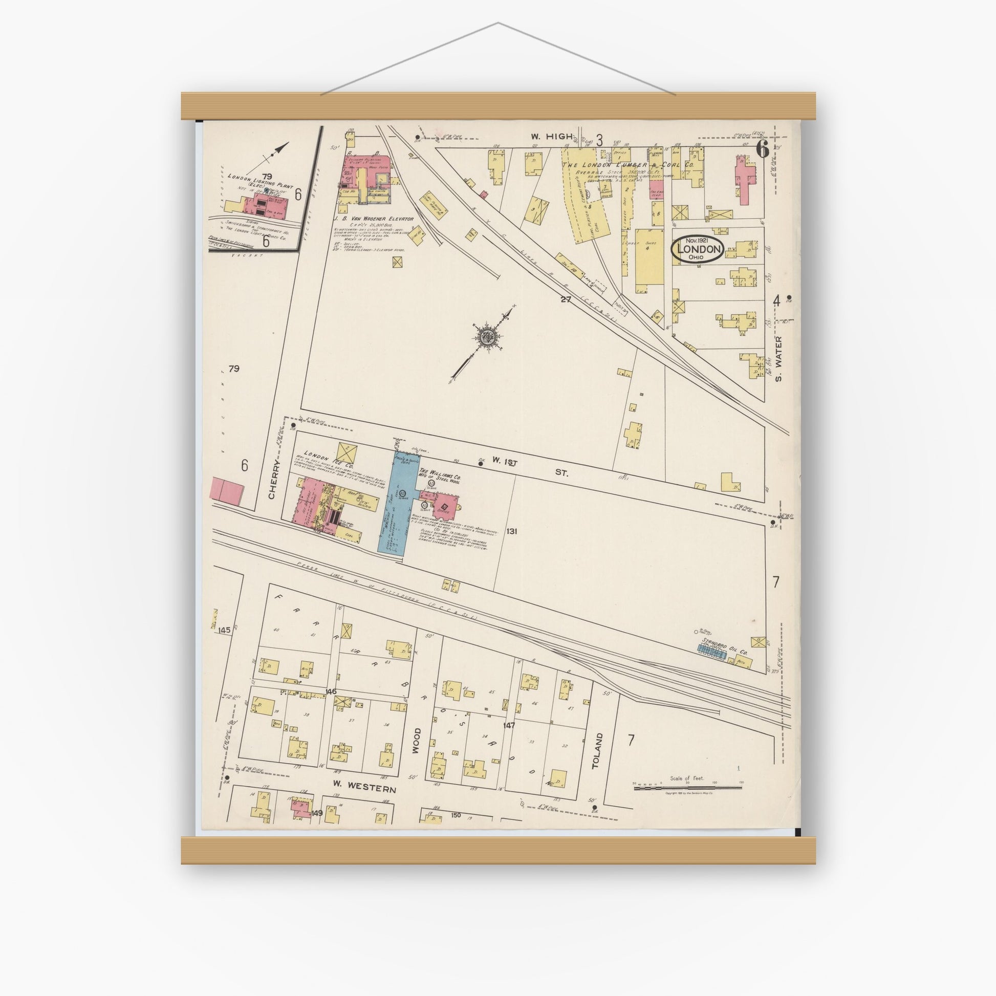Old map wall art mockup — magnetic wood frame on white wall — Sanborn Fire Insurance Map from London, Madison County, Ohio (1921), Sheet #0006