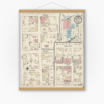Old map wall art mockup — magnetic wood frame on white wall — Sanborn Fire Insurance Map from Muncie, Delaware County, Indiana (1883) - Complete Map Set