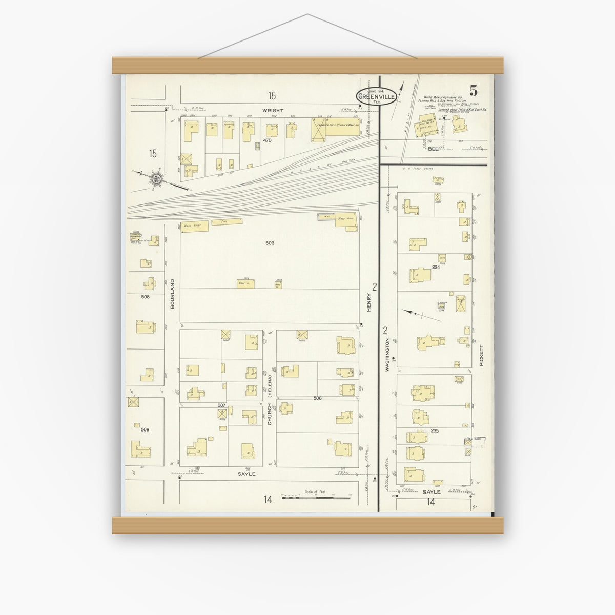 Old map wall art mockup — magnetic wood frame on white wall — Sanborn Fire Insurance Map from Greenville, Hunt County, Texas (1914), Sheet #0005