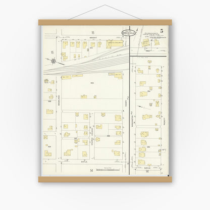 Old map wall art mockup — magnetic wood frame on white wall — Sanborn Fire Insurance Map from Greenville, Hunt County, Texas (1914), Sheet #0005