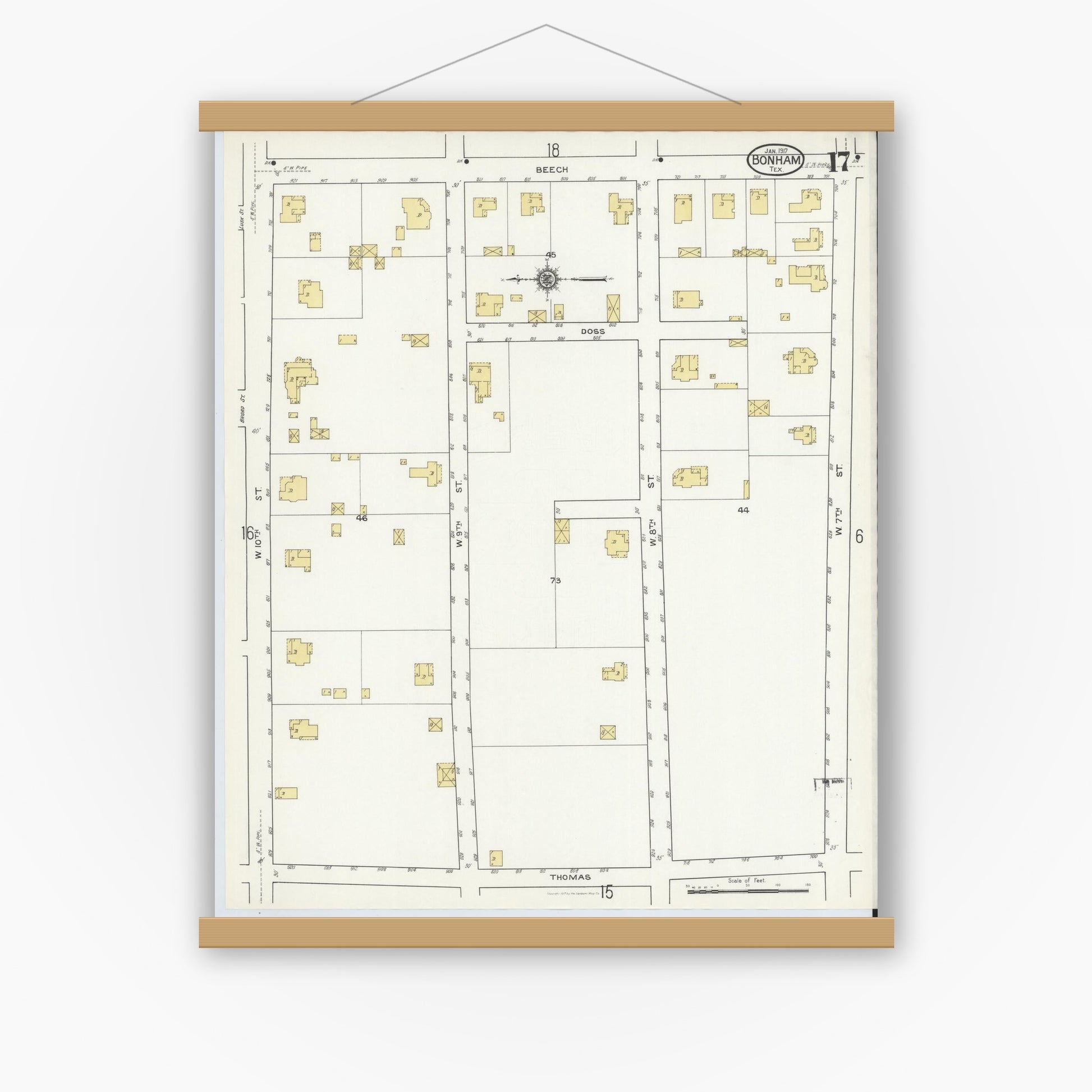 Old map wall art mockup — magnetic wood frame on white wall — Sanborn Fire Insurance Map from Bonham, Fannin County, Texas (1917), Sheet #0017