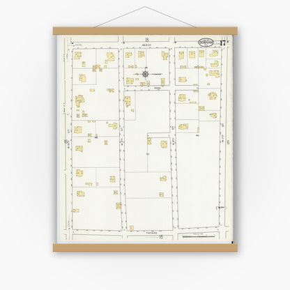Old map wall art mockup — magnetic wood frame on white wall — Sanborn Fire Insurance Map from Bonham, Fannin County, Texas (1917), Sheet #0017