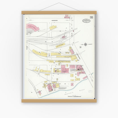 Old map wall art mockup — magnetic wood frame on white wall — Sanborn Fire Insurance Map from Freeport, Stephenson County, Illinois (1910), Sheet #0035