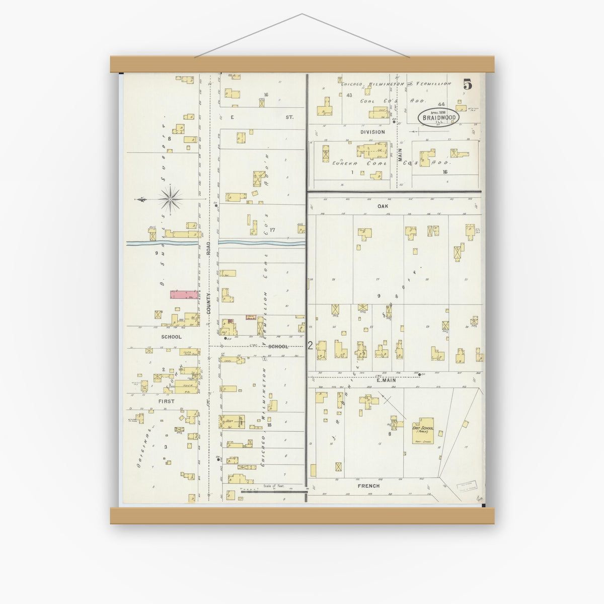 Old map wall art mockup — magnetic wood frame on white wall — Sanborn Fire Insurance Map from Braidwood, Will County, Illinois (1898), Sheet #0005