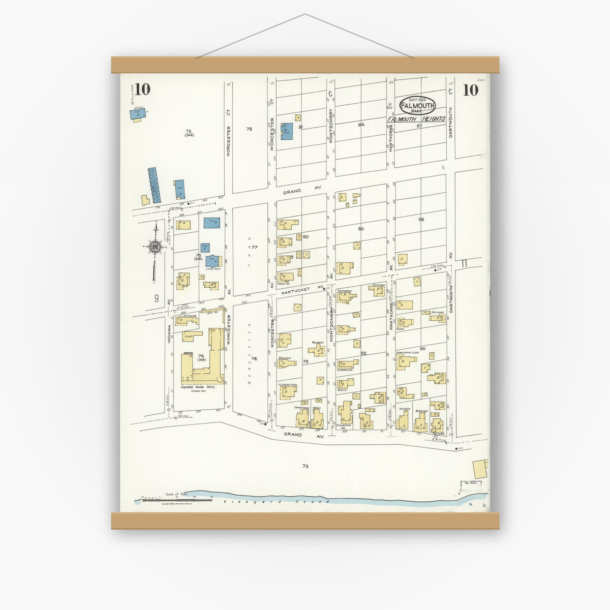 Old map wall art mockup — magnetic wood frame on white wall — Sanborn Fire Insurance Map from Falmouth, Barnstable County, Massachusetts (1923), Sheet #0010