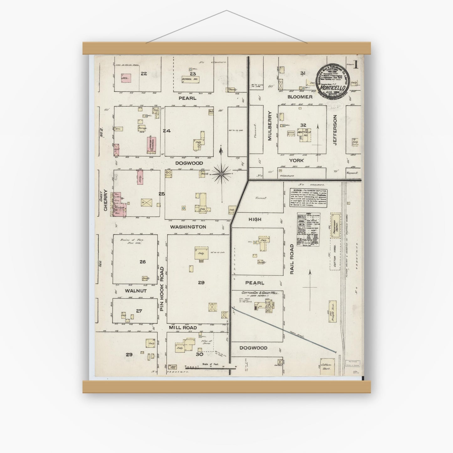 Old map wall art mockup — magnetic wood frame on white wall — Sanborn Fire Insurance Map from Monticello, Jefferson County, Florida (1884), Sheet #0001