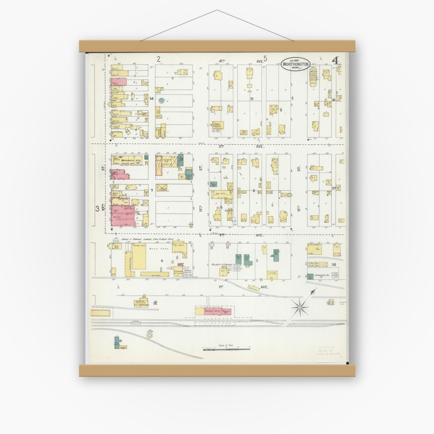 Old map wall art mockup — magnetic wood frame on white wall — Sanborn Fire Insurance Map from Worthington, Nobles County, Minnesota (1900), Sheet #0004