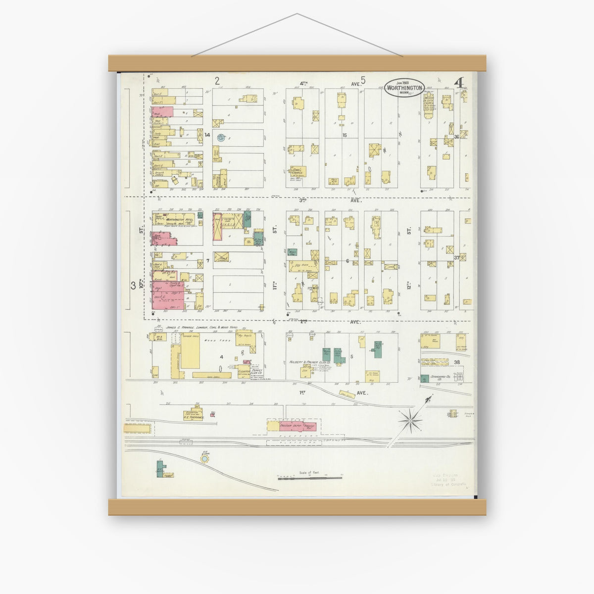 Old map wall art mockup — magnetic wood frame on white wall — Sanborn Fire Insurance Map from Worthington, Nobles County, Minnesota (1900), Sheet #0004