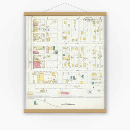 Old map wall art mockup — magnetic wood frame on white wall — Sanborn Fire Insurance Map from Worthington, Nobles County, Minnesota (1900), Sheet #0004