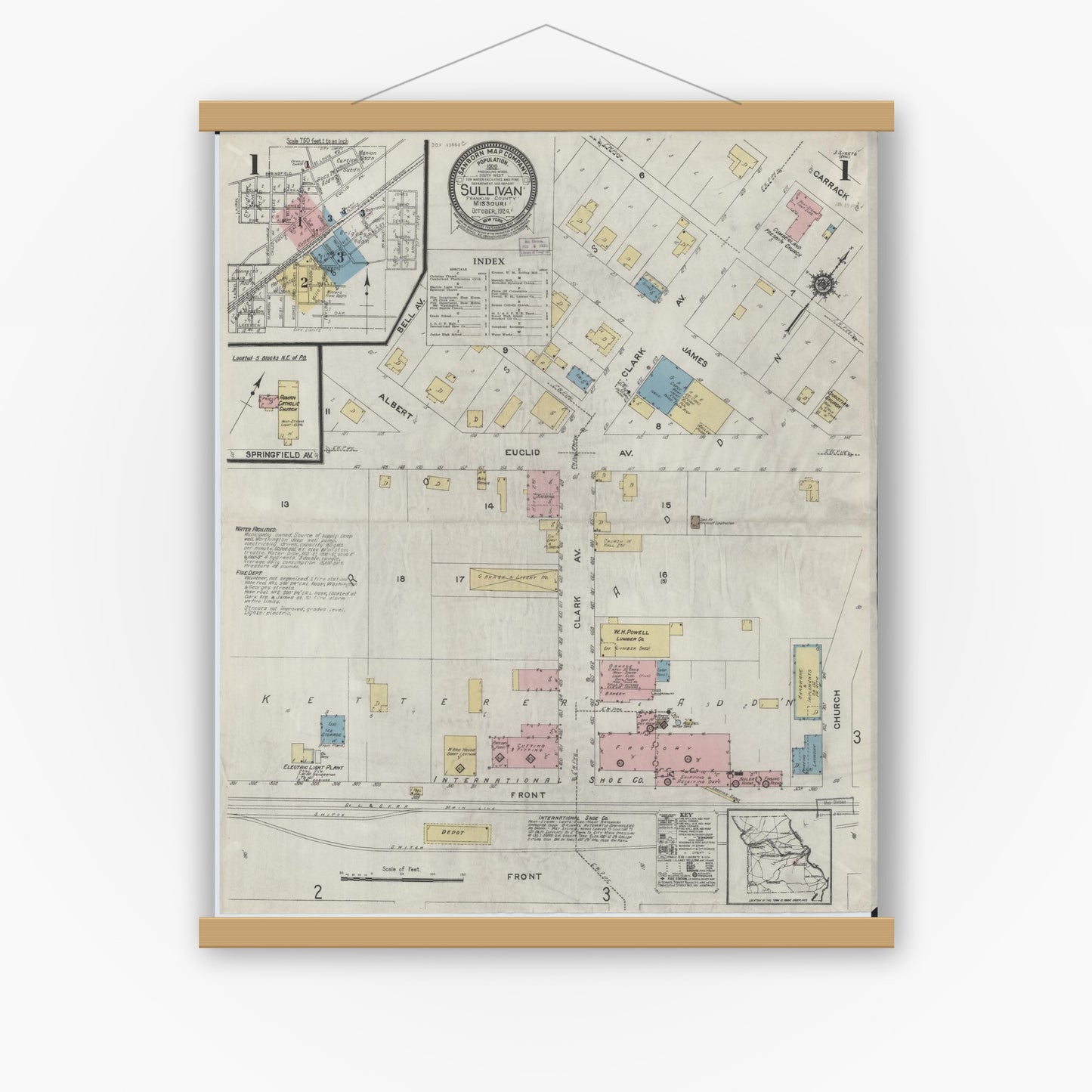 Old map wall art mockup — magnetic wood frame on white wall — Sanborn Fire Insurance Map from Sullivan, Franklin County, Missouri (1924) - Complete Map Set