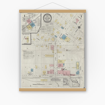 Old map wall art mockup — magnetic wood frame on white wall — Sanborn Fire Insurance Map from Sullivan, Franklin County, Missouri (1924) - Complete Map Set